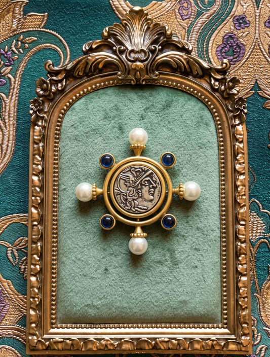 Elizabeth Locke Nautical Ship's Wheel Antique Pearl Brooch Pin