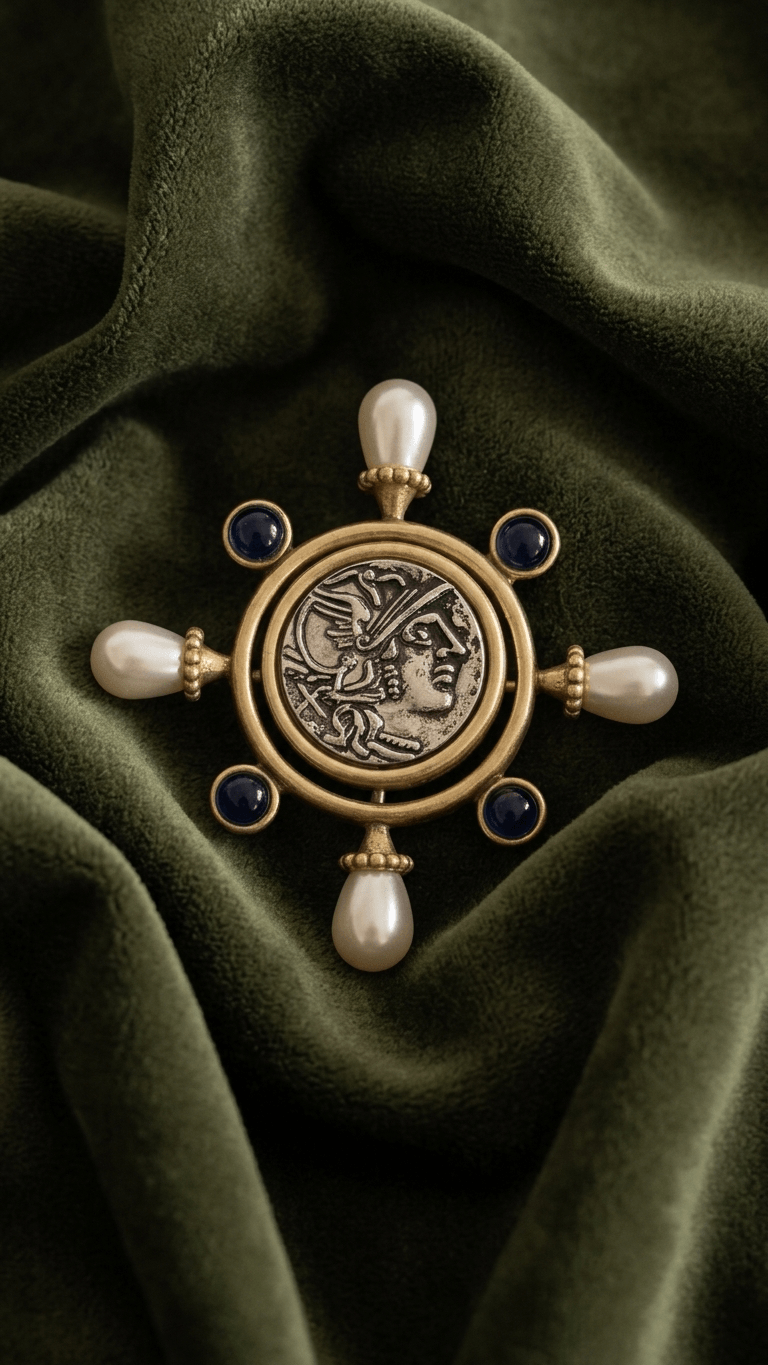 Elizabeth Locke Nautical Ship's Wheel Antique Pearl Brooch Pins