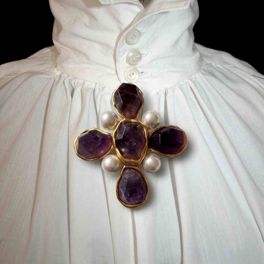 Victorian Cross Amethyst Renaissance Brooch Pin